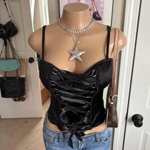 Y2K 2000s grunge bimbo black lace up corset cami tank top